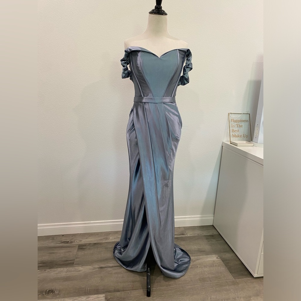 C’est La Vie Cinderella style blue gown with belt detail and train size 4